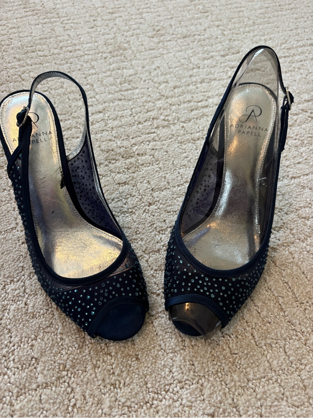 Adrianna Papell Navy Open-Toe Slingback Heels with Crystal Studs